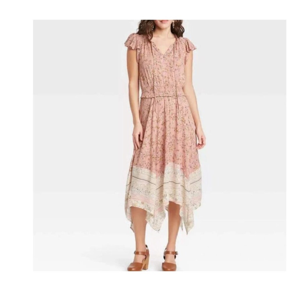 Knox Rose Women’s L Floral Midi Dress Pink Smocked Waist Boho Cottagecore